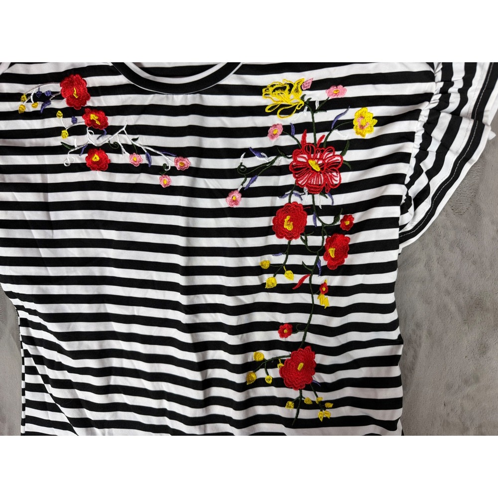 Shein Womens Small Black White Striped Floral Embroidered Ruffle Sleeve Top